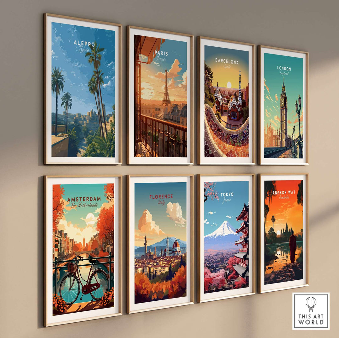 Gallery wall of city skyline posters including Aleppo, Paris, Barcelona, London, Amsterdam, Florence, Tokyo, and Angkor Wat.