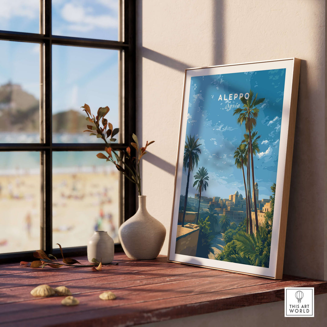 Aleppo skyline poster featuring palm trees and a sunset, minimalist travel decor for serene living spaces.