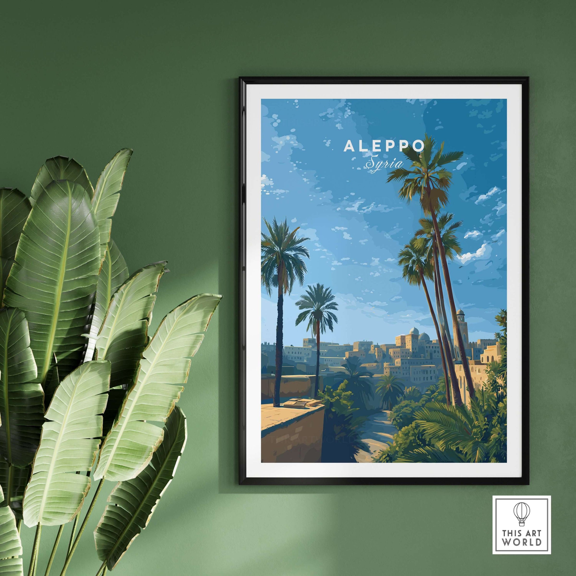 Aleppo Skyline Poster - Syrian Sunset Wall Art - Ancient City Print - Minimalist Travel Decor featuring vibrant palms.