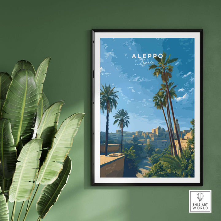 Aleppo skyline poster featuring palm trees and a blue sky, perfect as minimalist travel decor for any space.