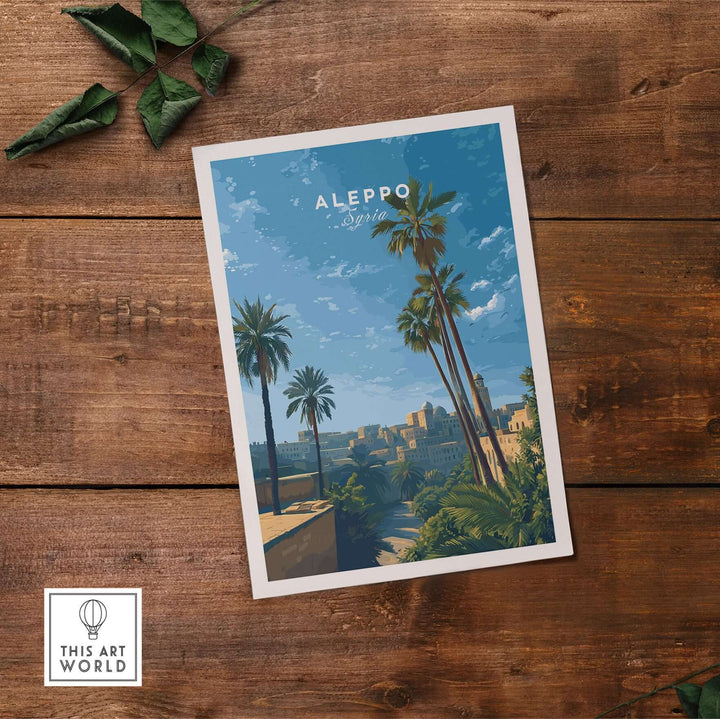 Aleppo Skyline Poster featuring palm trees and ancient architecture under blue skies, perfect for travel decor.