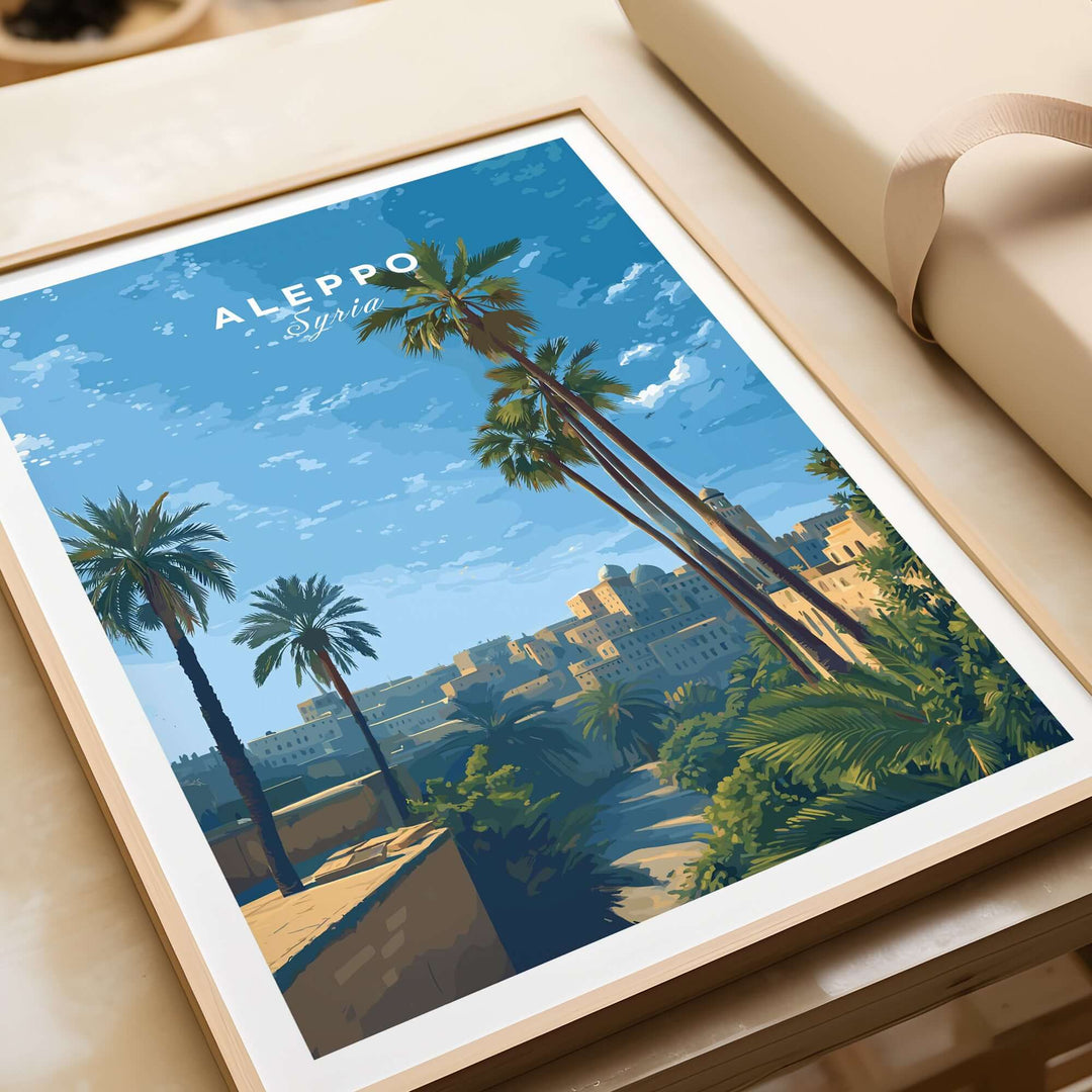 Aleppo skyline poster featuring palm trees and a serene blue sky, ideal for minimalist travel decor and art lovers.