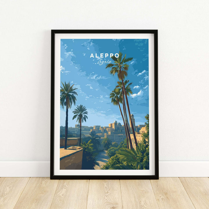 Aleppo skyline poster featuring palm trees and a blue sky, perfect for minimalist travel decor.