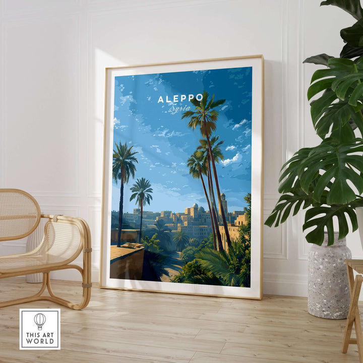Aleppo skyline poster with palm trees and blue sky, showcasing serene beauty of the ancient city in minimalist decor.
