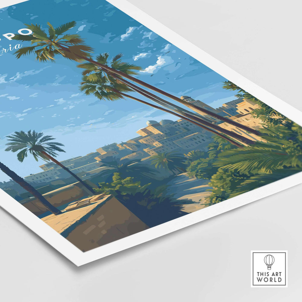 Aleppo skyline poster featuring palm trees and ancient city architecture in a serene landscape.