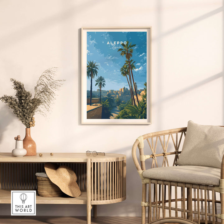 Aleppo skyline poster featuring a serene sunset and palm trees, showcased in a minimalist decor setting.