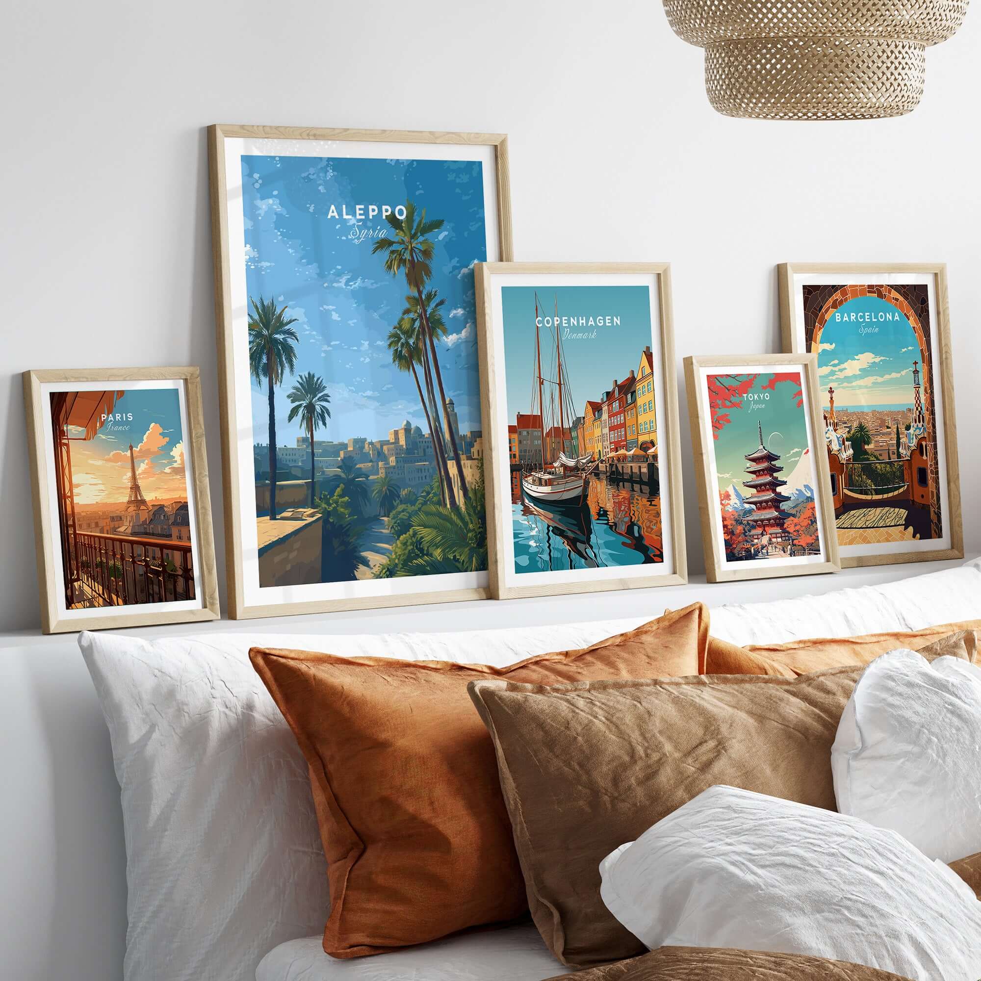 Aleppo Skyline Poster - Syrian Sunset Wall Art - Ancient City Print - Minimalist Travel Decor displayed in a cozy living room.