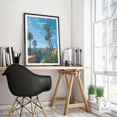 Aleppo Skyline Poster - Syrian Sunset Wall Art - Ancient City Print - Minimalist Travel Decor displayed in a modern workspace.