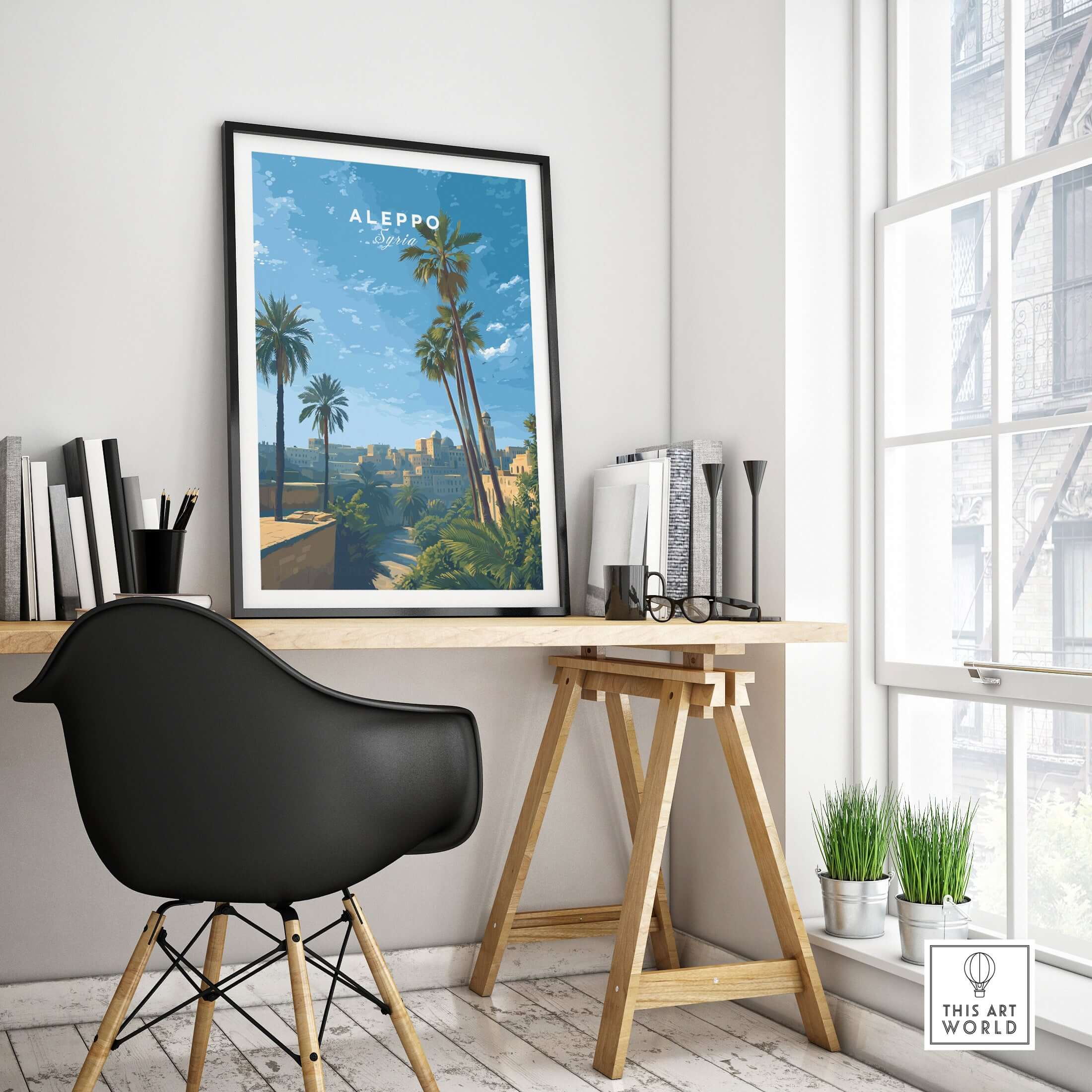 Aleppo Skyline Poster - Syrian Sunset Wall Art - Ancient City Print - Minimalist Travel Decor displayed in a modern workspace.