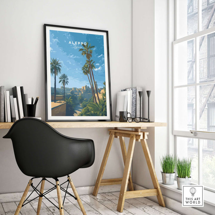 Aleppo skyline poster featuring palm trees and a serene sky in a modern workspace setting.
