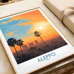 Aleppo Sunset Cityscape Poster - Syria Orange Sky Art Print - Urban Landscape Wall Decor featuring vibrant colors and palm trees.