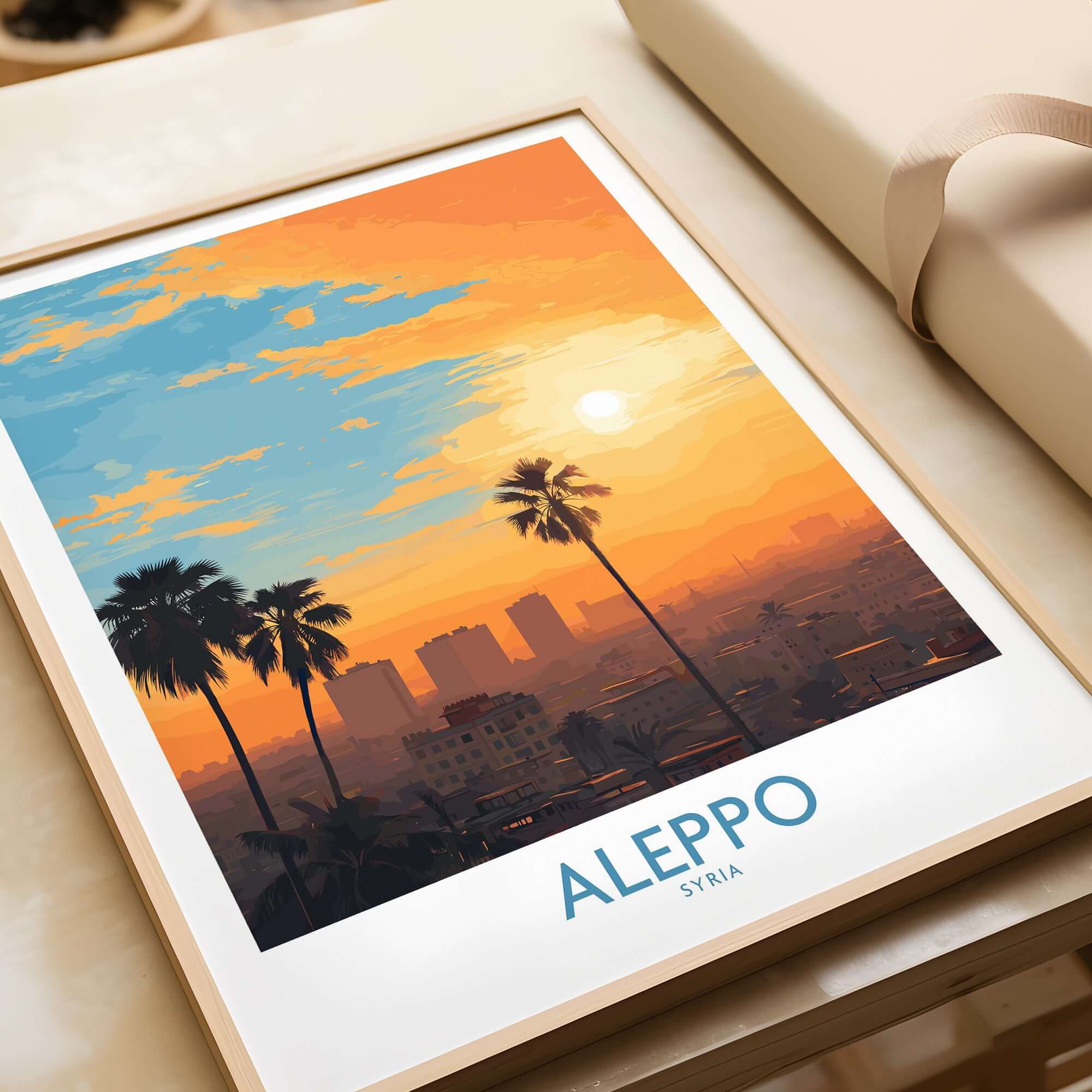 Aleppo Sunset Cityscape Poster - Syria Orange Sky Art Print - Urban Landscape Wall Decor featuring vibrant colors and palm trees.