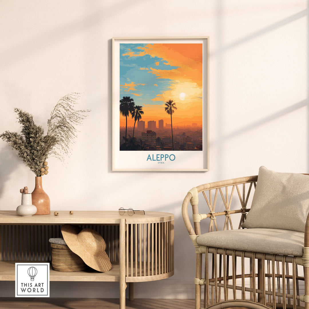 Aleppo sunset cityscape poster art print featuring an orange sky, palm trees, and urban skyline decor.