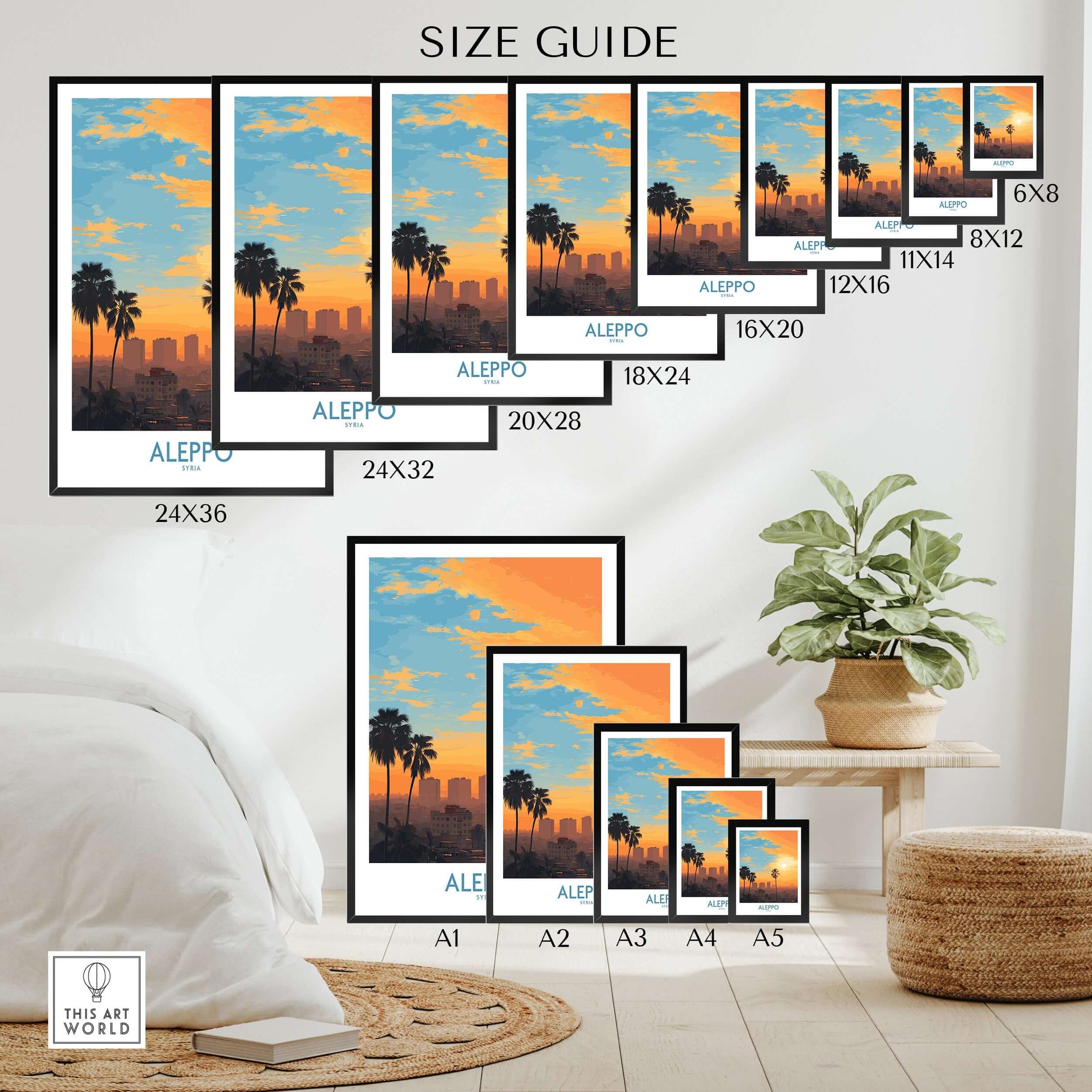 Aleppo Sunset Cityscape Poster - Syria Orange Sky Art Print - Urban Landscape Wall Decor size guide with dimensions displayed.