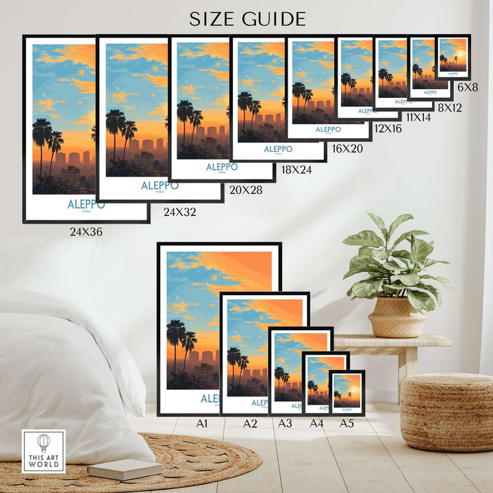 Size guide for Aleppo Sunset Cityscape Poster, showcasing different print sizes and vibrant urban landscape design.
