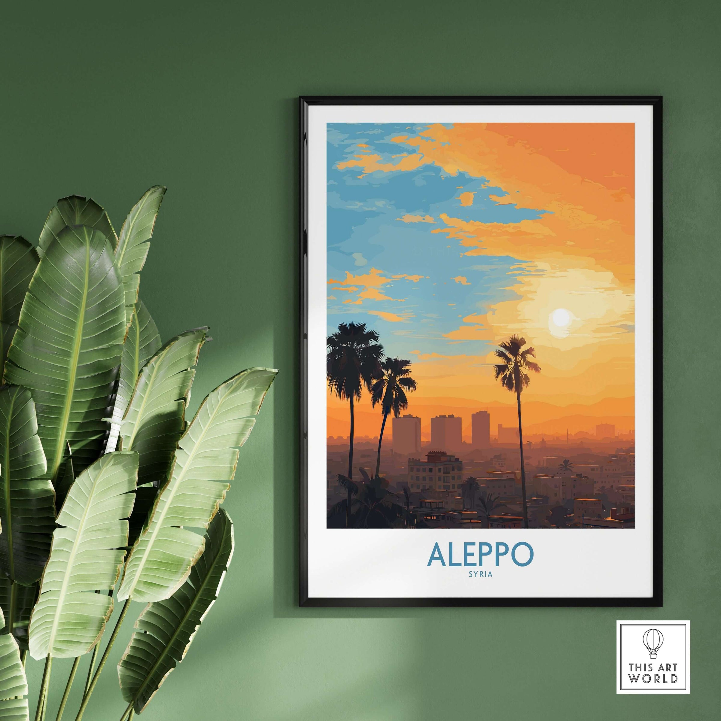 Aleppo Sunset Cityscape Poster - Syria Orange Sky Art Print - Urban Landscape Wall Decor framed on green wall with plants.