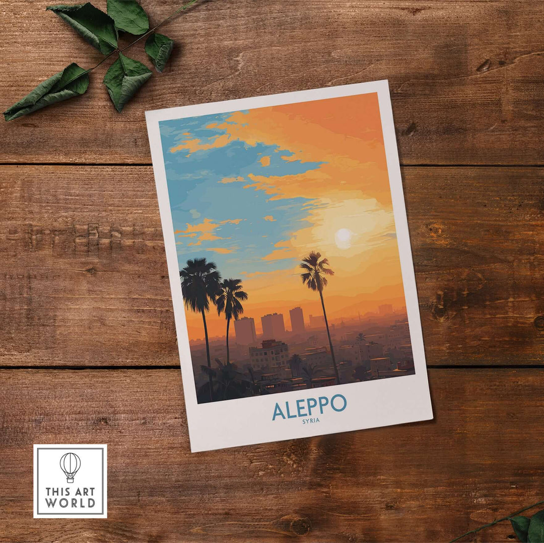 Aleppo sunset cityscape art print featuring orange sky and palm trees, perfect for urban landscape wall decor.