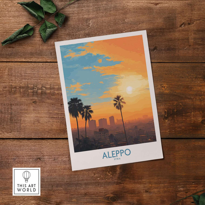 Aleppo sunset cityscape art print featuring orange sky and palm trees, perfect for urban landscape wall decor.