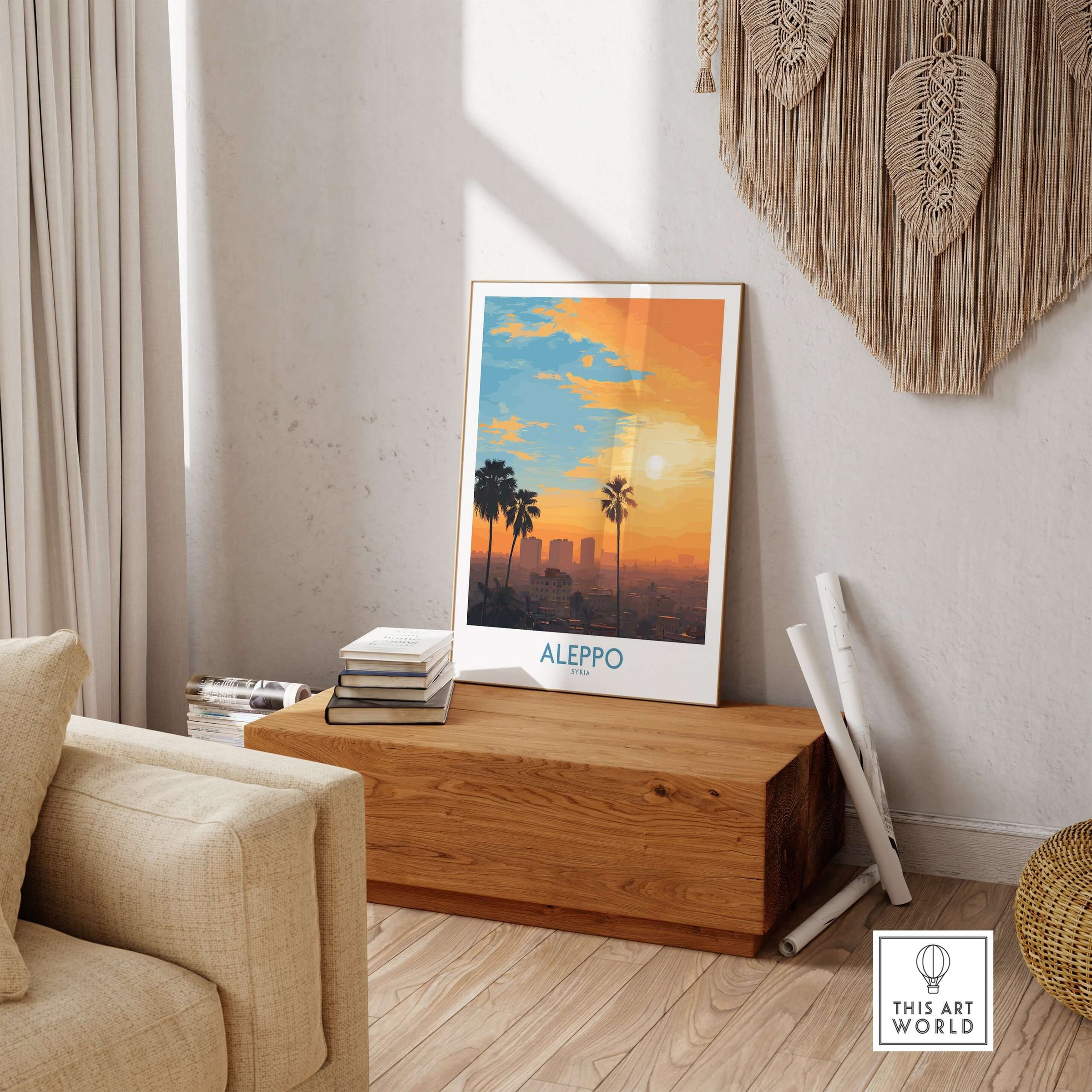 Aleppo Sunset Cityscape Poster - Syria Orange Sky Art Print - Urban Landscape Wall Decor displayed in a stylish living room.