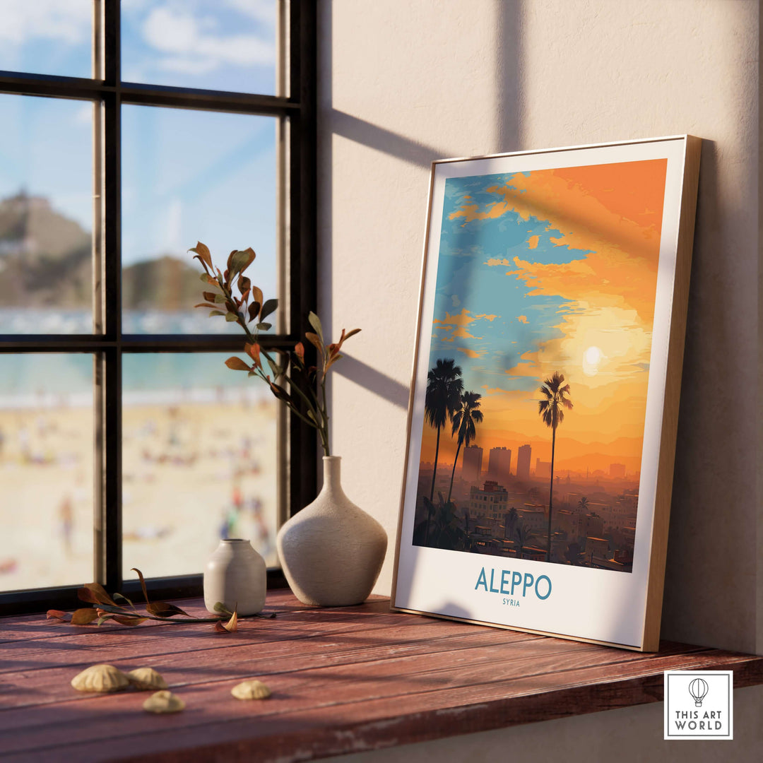 Aleppo Sunset Cityscape Poster on a wooden table, vibrant orange sky, urban landscape art for home decor.