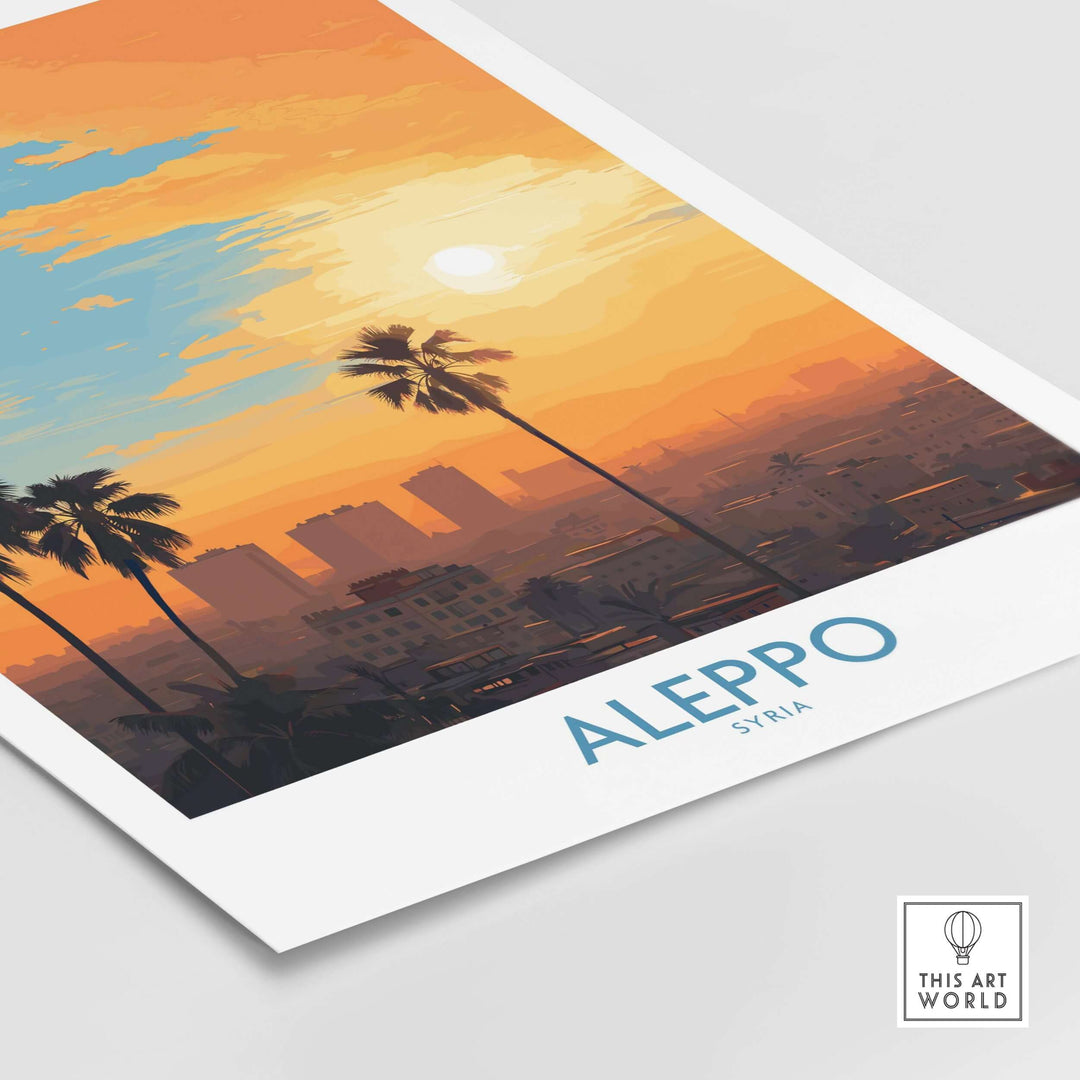 Aleppo sunset cityscape art print featuring palm trees and vibrant orange sky over urban landscape.
