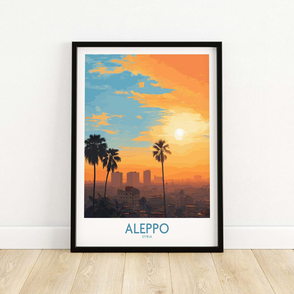 Aleppo cityscape poster featuring vibrant orange sunset sky and palm trees, perfect for urban wall decor.