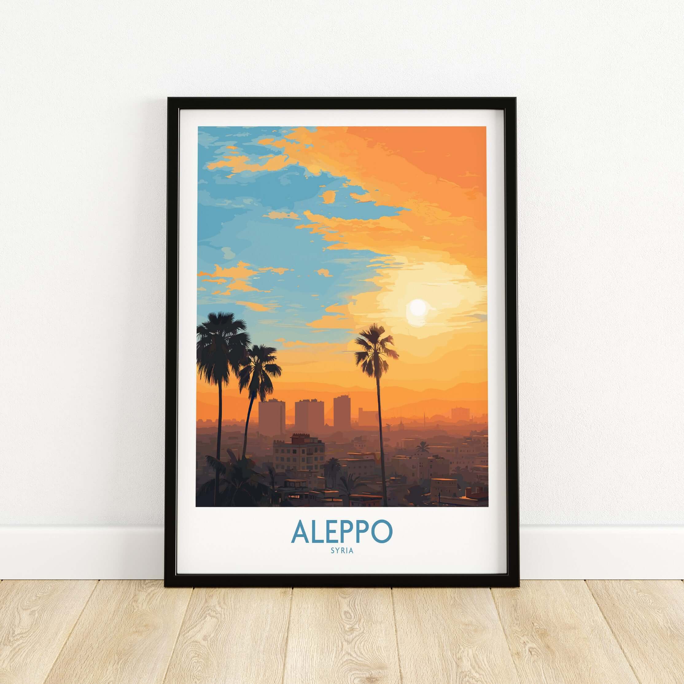 Aleppo Sunset Cityscape Poster - Syria Orange Sky Art Print - Urban Landscape Wall Decor framing vibrant sunset over Aleppo.