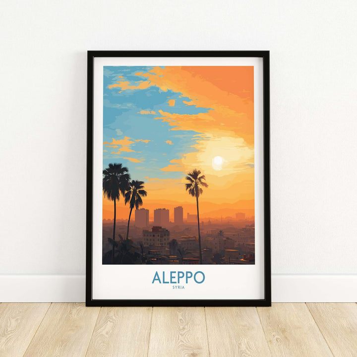 Aleppo cityscape poster featuring vibrant orange sunset sky and palm trees, perfect for urban wall decor.
