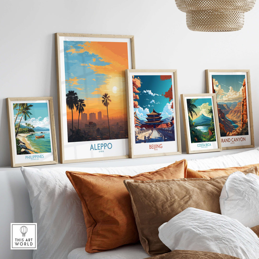 Gallery wall featuring Aleppo and other vibrant cityscape posters in a cozy living room setting.