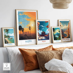 Aleppo Sunset Cityscape Poster - Syria Orange Sky Art Print - Urban Landscape Wall Decor displayed among other travel posters.