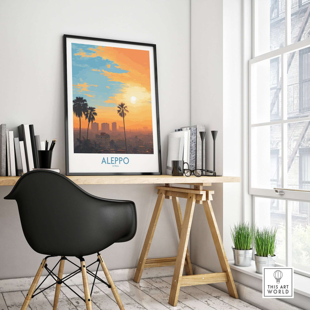 Aleppo Sunset Cityscape Poster showcasing vibrant orange sky in modern office decor with palm trees.