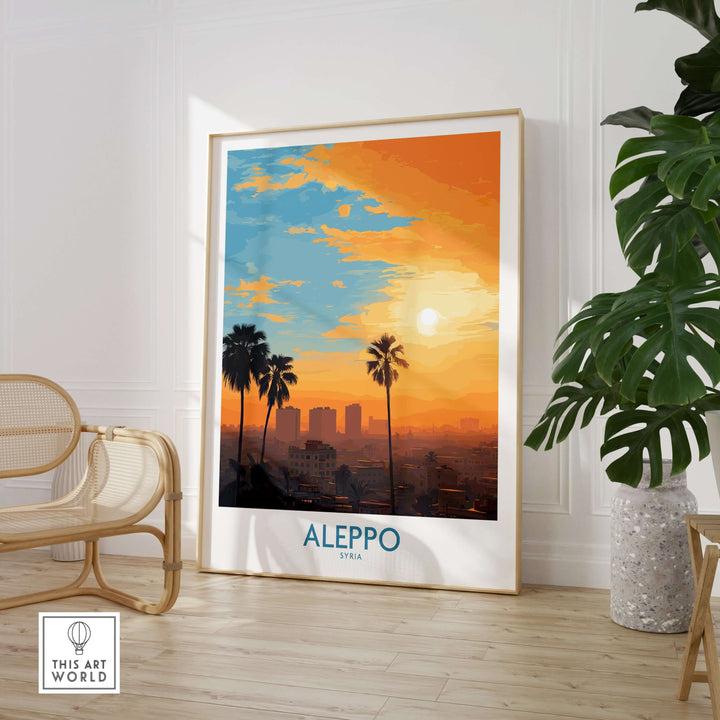 Aleppo cityscape poster featuring a vibrant orange sky with palm trees, enhancing urban decor.