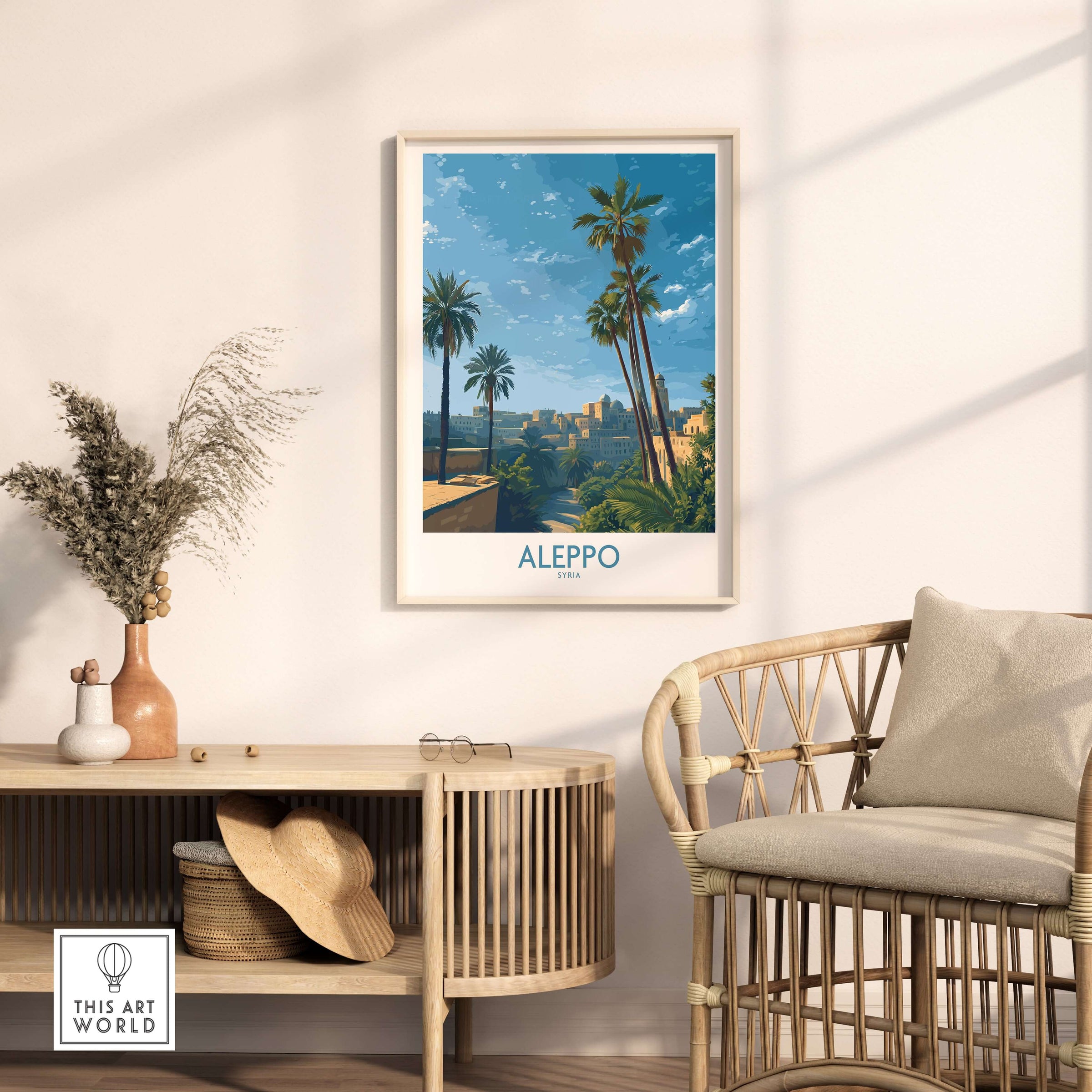Aleppo Poster - Syria Landscape Print - Middle Eastern Travel Art - Palm Tree Wall Decor displayed in a stylish room.