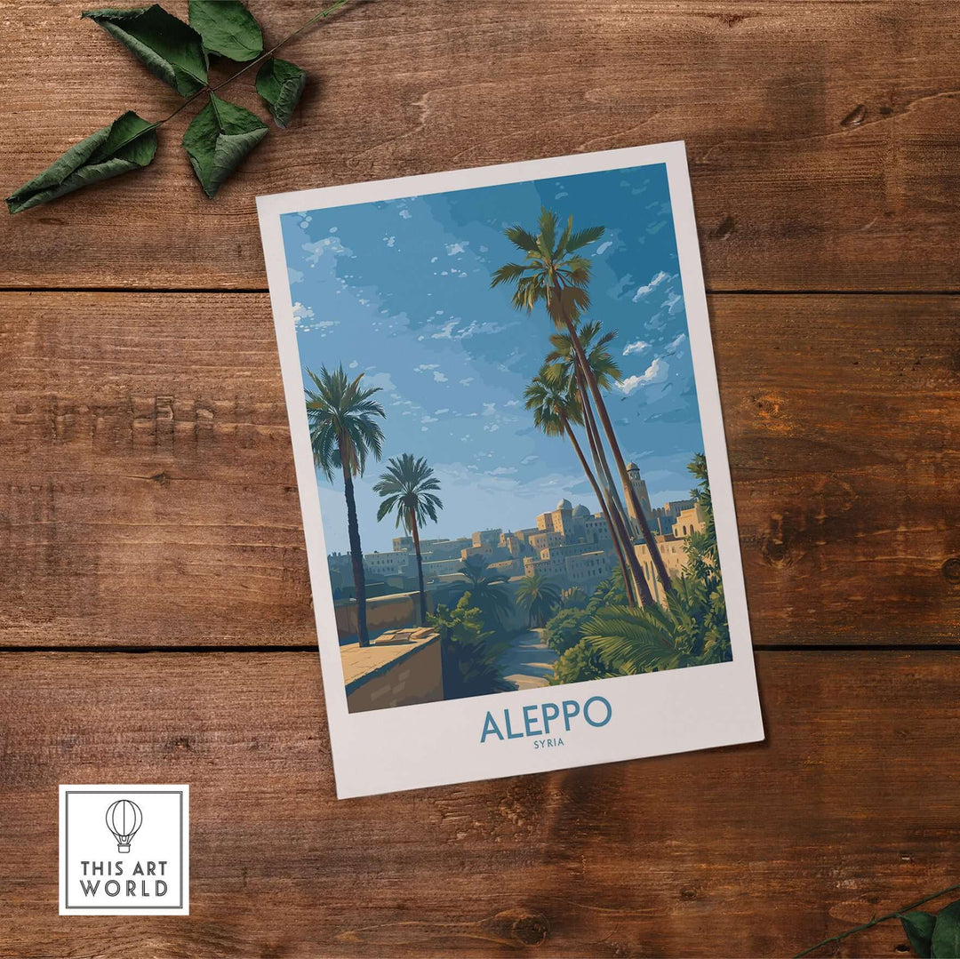 Aleppo poster featuring palm trees and a serene landscape, showcasing Middle Eastern travel art on wooden background.