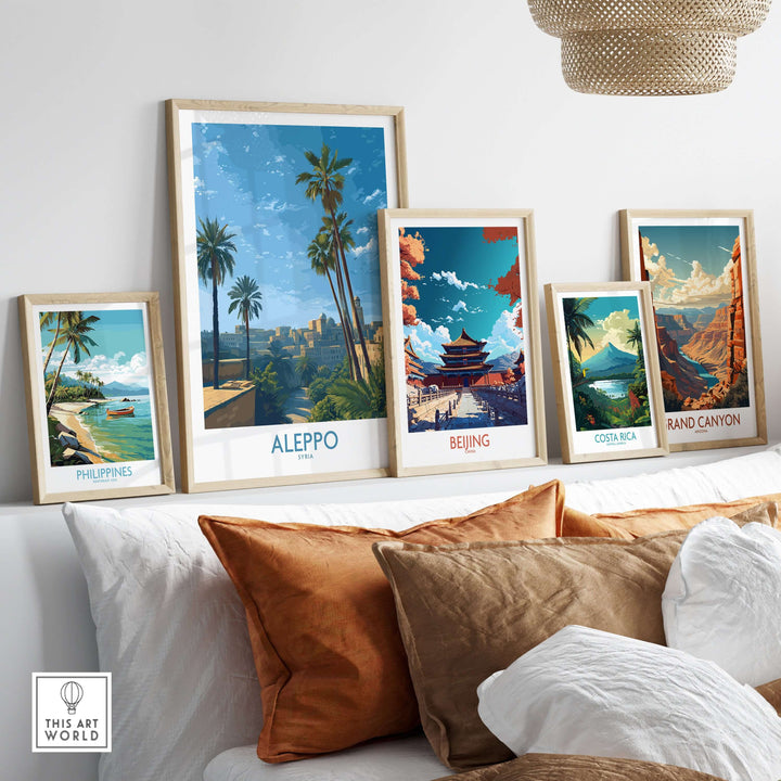 Framed travel art prints including Aleppo, Philippines, Beijing, Costa Rica, and Grand Canyon on a wall.