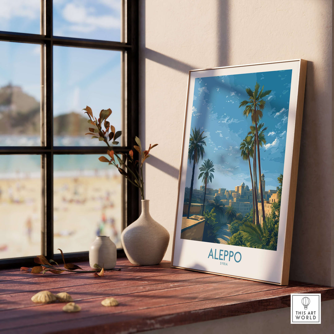 Aleppo landscape poster featuring palm trees by a window, showcasing Middle Eastern travel art and natural beauty.