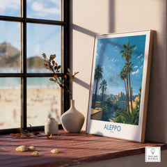 Aleppo Poster - Syria Landscape Print - Middle Eastern Travel Art - Palm Tree Wall Decor displayed in a stylish interior setting.
