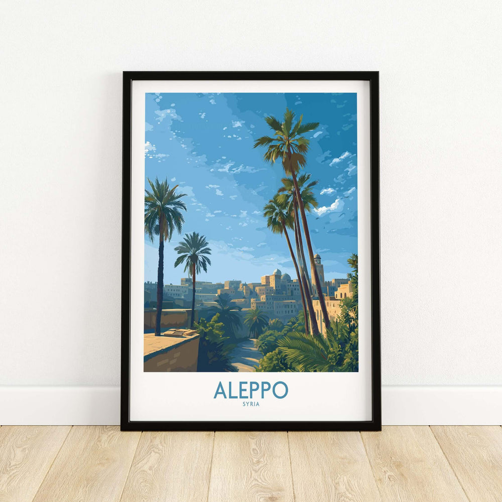 Aleppo poster featuring palm trees and a serene landscape of Syria, showcasing Middle Eastern travel art.