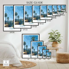 Aleppo Poster - Syria Landscape Print - Middle Eastern Travel Art - Palm Tree Wall Decor size guide with various frame sizes.