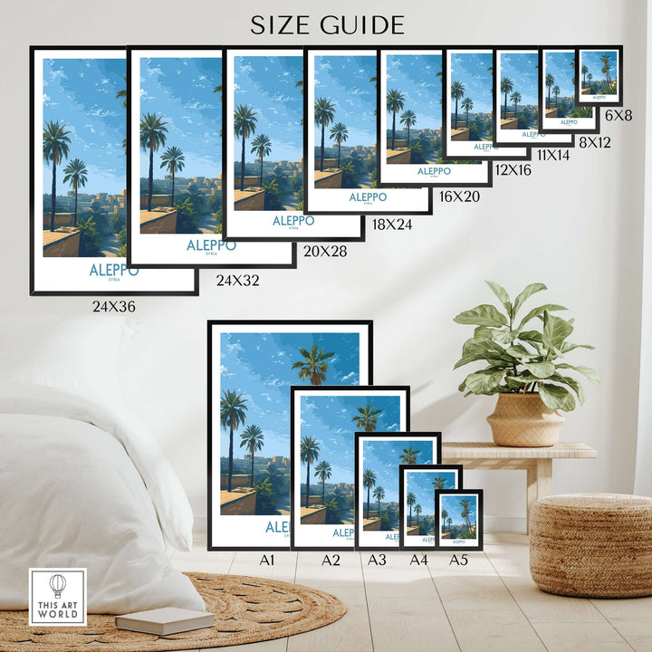 Size guide for Aleppo poster featuring palm trees and scenic landscape, displaying various print dimensions.