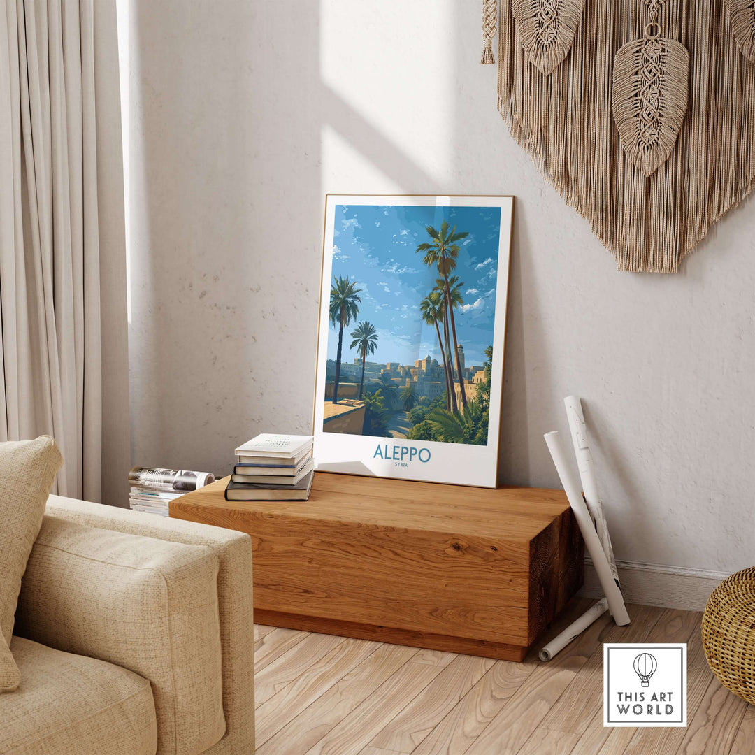 Aleppo poster featuring palm trees and a serene landscape, ideal for Middle Eastern travel art decor.