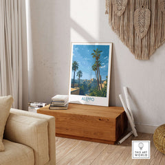 Aleppo Poster - Syria Landscape Print - Middle Eastern Travel Art - Palm Tree Wall Decor displayed in a cozy living room.