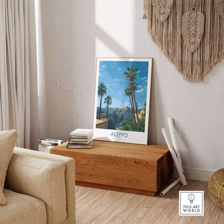 Aleppo poster featuring palm trees and a serene landscape, ideal for Middle Eastern travel art decor.