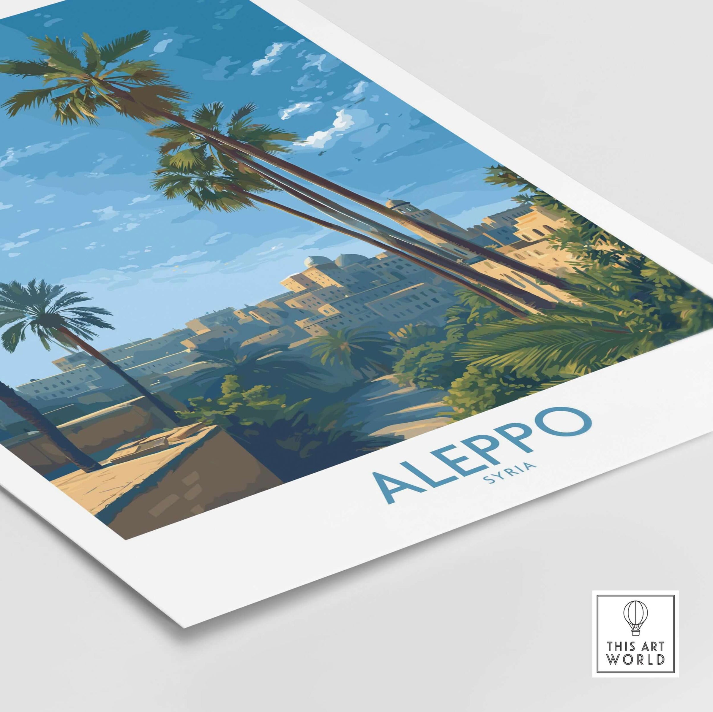 Aleppo Poster - Syria Landscape Print - Middle Eastern Travel Art - Palm Tree Wall Decor featuring serene palm trees and architecture.