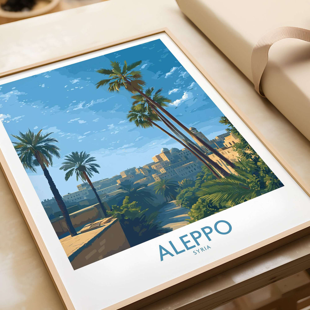 Aleppo poster featuring palm trees and scenic landscape, capturing Middle Eastern travel art and elegance.