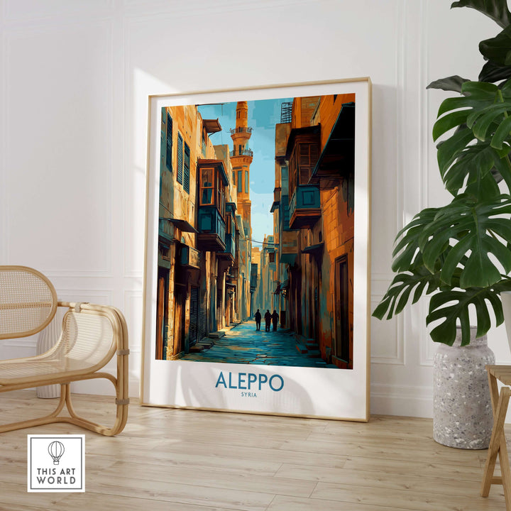 Aleppo poster showcasing a vibrant street scene, minimalist decor for Syria travel enthusiasts, available in A4, A3, A2 sizes.