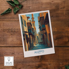 Aleppo Poster - Syria Travel Print - Middle East Wall Art - Minimalist Decor - A4 A3 A2 on wooden background.