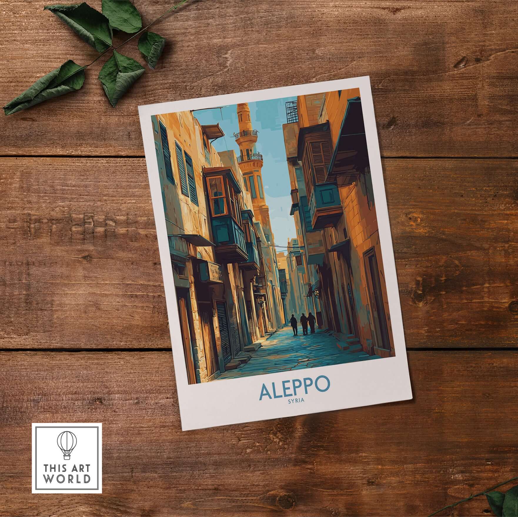Aleppo Poster - Syria Travel Print - Middle East Wall Art - Minimalist Decor - A4 A3 A2 on wooden background.
