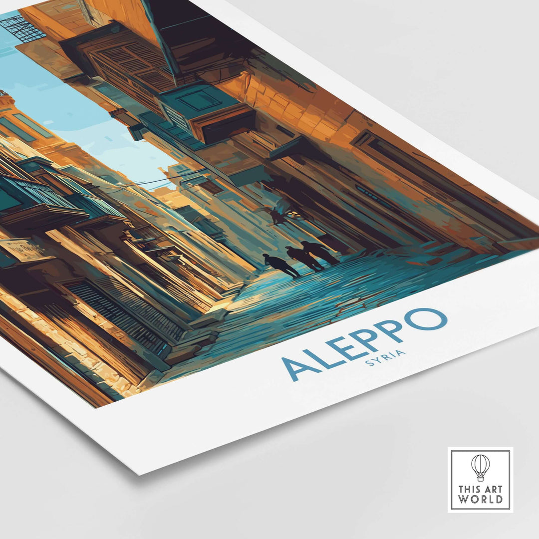 Aleppo poster featuring a serene street scene in Syria, minimalist wall art for travel-inspired decor.