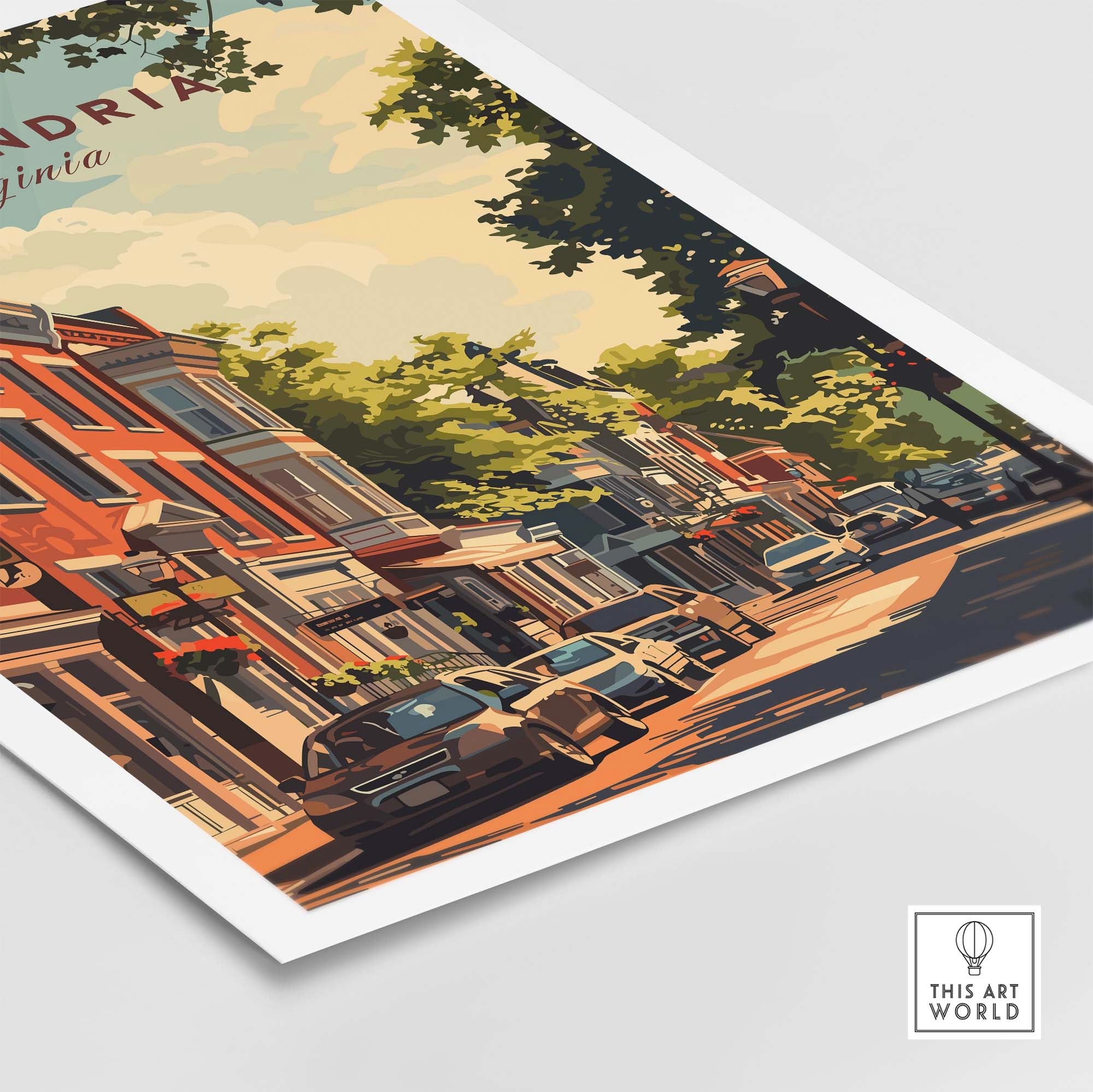 Alexandria Virginia wall art featuring vibrant street scene showcasing historic architecture and charm.